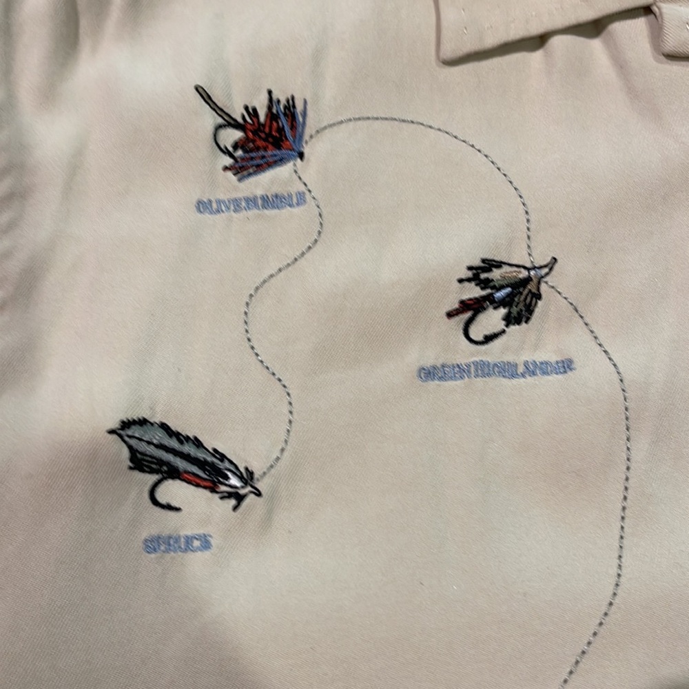 Nat Nast 100 % silk resort shirt.  Fly Fishing theme embroidery